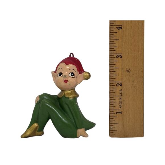 1950s Christmas Seated Pixie Elf Ceramic Ornament Red Hair Green Outfit Japan - Picture 8 of 11